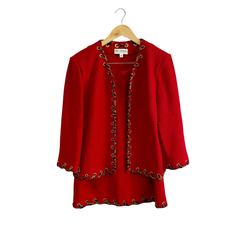 St John Collection Knit Skirt Suit Set Red Leopard Ribbon Grommet Vintage 14 16